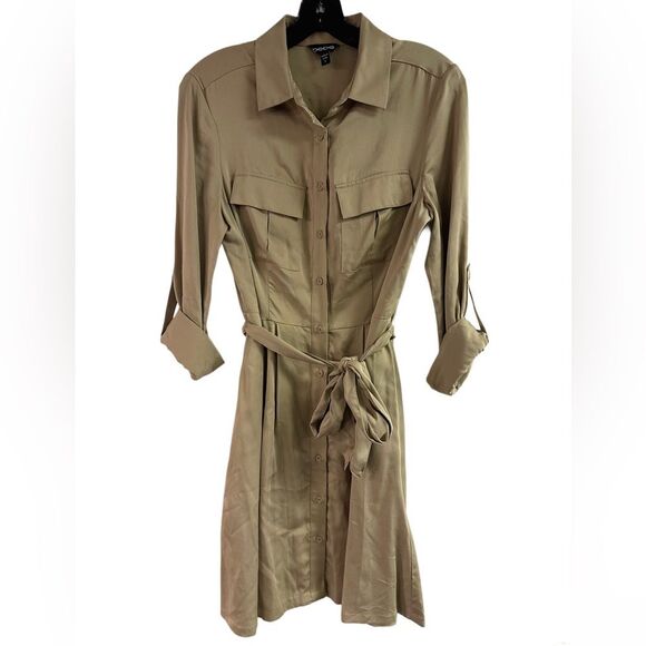 Bebe Beige Lyocell Pleated Belted Shirt Dress Roll Tab Long Sleeve Pockets SZ S - Picture 1 of 5